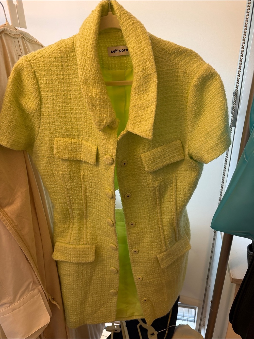 Self-Portrait Lemon Yellow Short Sleeve Tweed Jacket